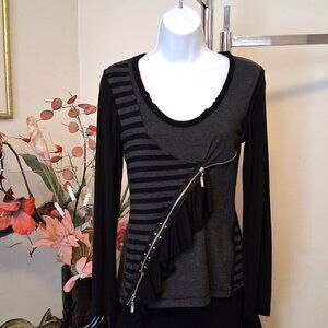 NEW Dolcezza Women’s Luxury Ruffle Blouse Black Gray Patchwork Long Sleeve Top 8